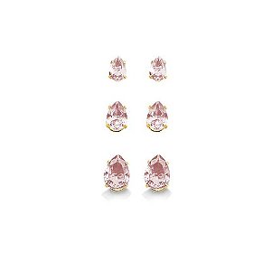 Trio Gota Zirconia Rosa Folheado a Ouro 18K