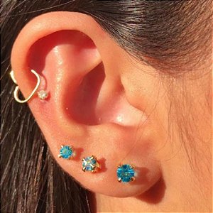 Trio Ponto De Luz Azul Folheado a Ouro 18K