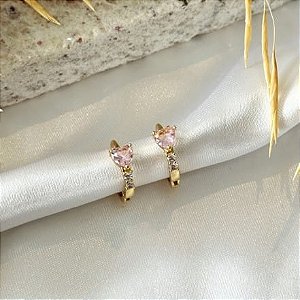 Brinco Argola Zircônias Cristais e Coração Rosa Folheado a Ouro 18k