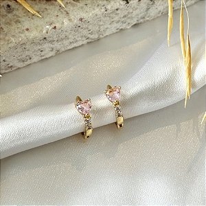 Brinco Argola Zircônias Cristais e Coração Rosa Folheado a Ouro 18k