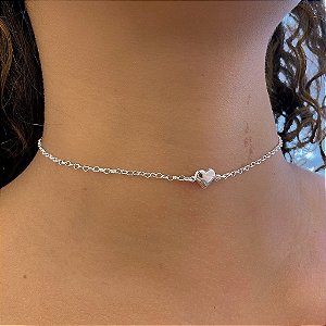 Choker Correntinha Coração Pingente Coração Liso Meio Folheado a Prata 925