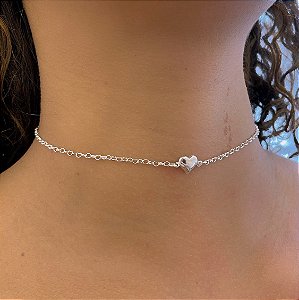 Choker Correntinha Coração Pingente Coração Liso Meio Folheado a Prata 925