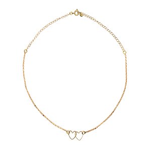 Colar Choker Elo Veneziano Aberto Dois Corações Entrelaçados Folheado a Ouro 18k