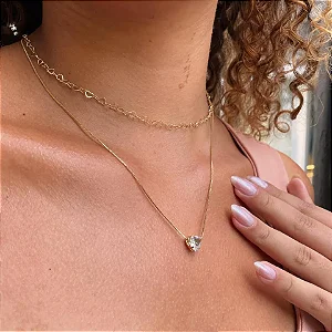 Colar Duplo Coração e Correntinha Coração