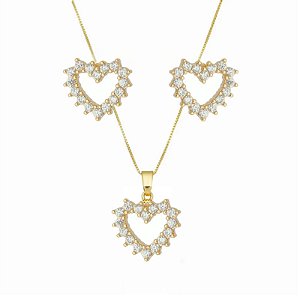 Conjunto Coração Cravejado Vazado Ponteiras Folheado a Ouro 18k