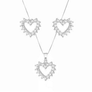 Conjunto Coração Cravejado Vazado Ponteiras Folheado a Prata 925