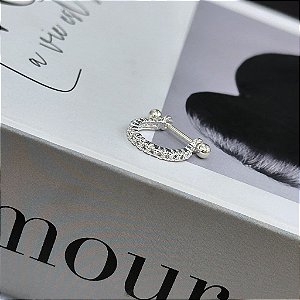 Piercing 2 em 1 Meia Argola 1 Fio Cravejado Ponteiras Banhado a Prata 925