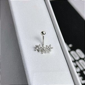 Piercing Umbigo [12mm] 3 Flores Cravejadas Folheado a Prata 925