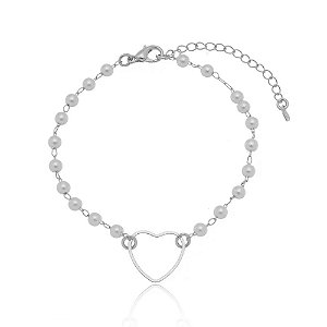 Pulseira Correntinha Pérolas Coracao Vazado Meio Folheado a Prata 925