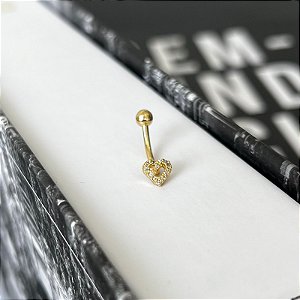 Piercing Umbigo Coração Cravejado Folheado a Ouro 18k