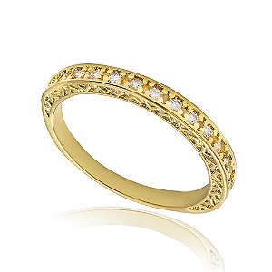 Anel Meia Aliança Cravejada Lateral Trabalhada Folheado a Ouro 18k