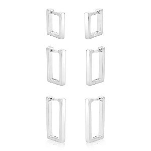 Trio de Argolas Lisas Retangulares Folheado a Prata 925