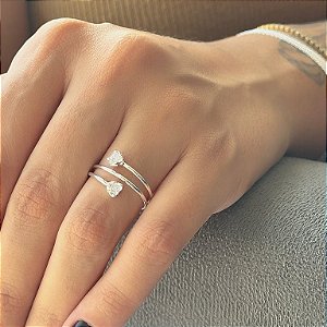 Anel Regulável 3 voltas Corações Zircônias Folheado a Prata 925