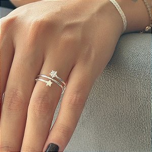 Anel Regulável 3 Fios Estrela Lisa e Zircônia Folheado a Prata 925