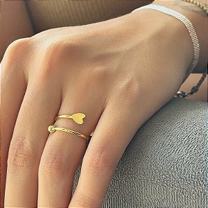 Anel Regulável Coração Liso e Bolinha Folheado a Ouro 18k