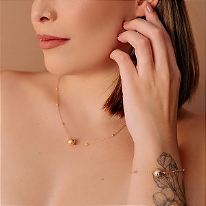 Colar Correntinha Bolinhas e Esfera Folheado a Ouro 18k