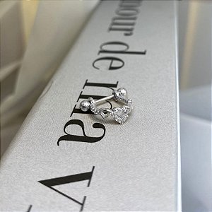 Piercing 2 em 1 Meia Argola Corações Lisos e Cravejados Folheado a Prata 925
