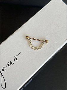 Piercing Mamilo Meia Argola Navetes Cravejados Folheado a Ouro 18k