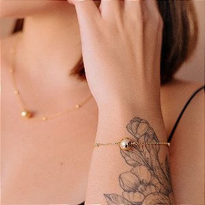 Pulseira Correntinha Bolinhas e Esfera Folheada a Ouro 18k