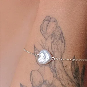 Pulseira Correntinha Coração Madre Pérola Orgânica Folheado a Prata 925