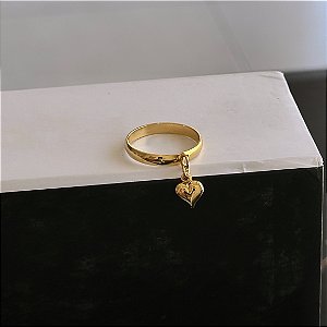 Anel Aliança Pingente Coração Abaulado Folheado a Ouro 18k