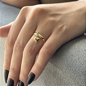Anel Aliança Pingente Coração Abaulado Folheado a Ouro 18k