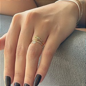 Anel Regulável Fios Olho Grego e Ponto de Luz Folheado a Ouro 18k