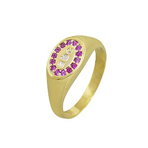 Anel ABC Oval Zircônia Rosa Folheado a Ouro 18k