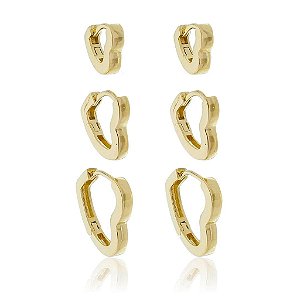 Trio de argolas Coração Liso Fino Folheado a Ouro 18k