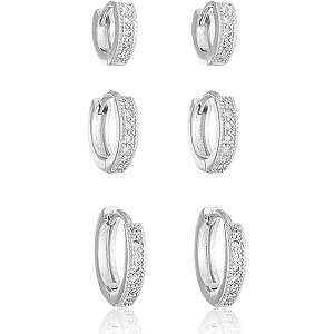 Triozinho de Argolas Cravejadas Retas Folheado a Prata 925