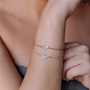 Pulseira Veneziana Pingente Coração Cravejado Folheado a Ouro 18K