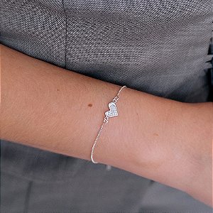 Pulseira Veneziana Pingente Coração Cravejado Folheado a Prata 925