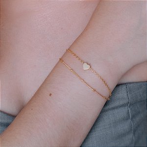 Pulseira Fio Duplo Bolinhas e Pingente Coração Liso Folheado a Ouro 18K