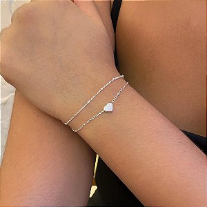 Pulseira Fio Duplo Bolinhas e Pingente Coração Liso Folheado a Prata 925