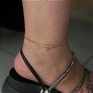 Tornozeleira Fio Duplo Bolinhas e Pingente Coração Liso Folheado a Ouro 18K