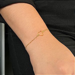 Pulseira Veneziano Coração Vazado Fio Laminado Folheado a Ouro 18K