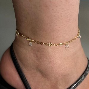 Tornozeleira Correntinha Pingentes Zircônia Cristal Folheado a Ouro 18K