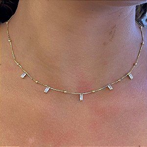 Choker Bolinha e Zircônias Retangulares Cristal Folheado a Ouro 18K