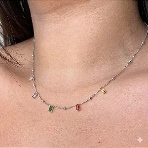 Choker Bolinha e Zircônias Retangulares Coloridas Folheado a Prata 925