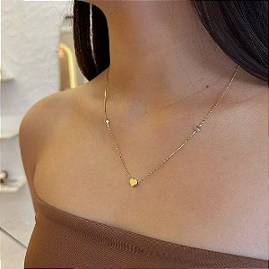 Colar Zircônias e Pingente Coração Liso Folheado a Ouro 18K