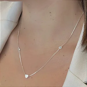 Colar Zircônias e Pingente Coração Liso Folheado a Prata 925
