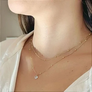 Colar Duplo Bolinhas e Pingente Coração Zircônia Cristal Folheado a Ouro 18K