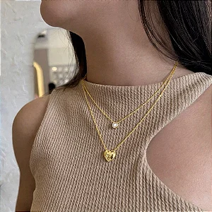 Colar Duplo Correntinha Ponto de Luz e Coração Liso Folheado a Ouro 18K