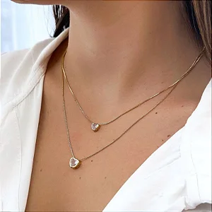 Colar Duplo e Pingentes Coração Zircônia Borda Lisa Folheado a Ouro 18K