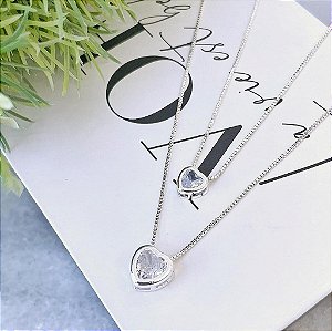 Colar Duplo e Pingentes Coração Zircônia Borda Lisa Folheado a Prata 925