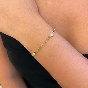 Pulseira Correntinha coração e Corações Lisos Folheado a Ouro 18K