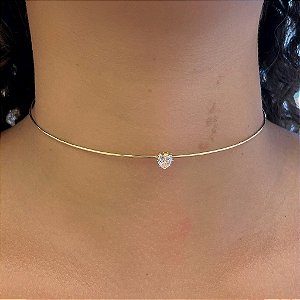 Choker Aro Coração Cristal Folheado a Ouro 18K