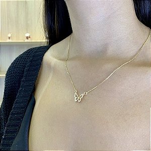 Colar Borboleta Cravejada Folheado a Ouro 18K