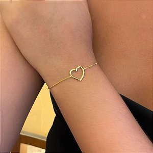 Pulseira Coração Liso Vazado Grande Folheado a Ouro 18K