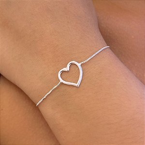 Pulseira Coração Liso Vazado Grande Folheado a Prata 925